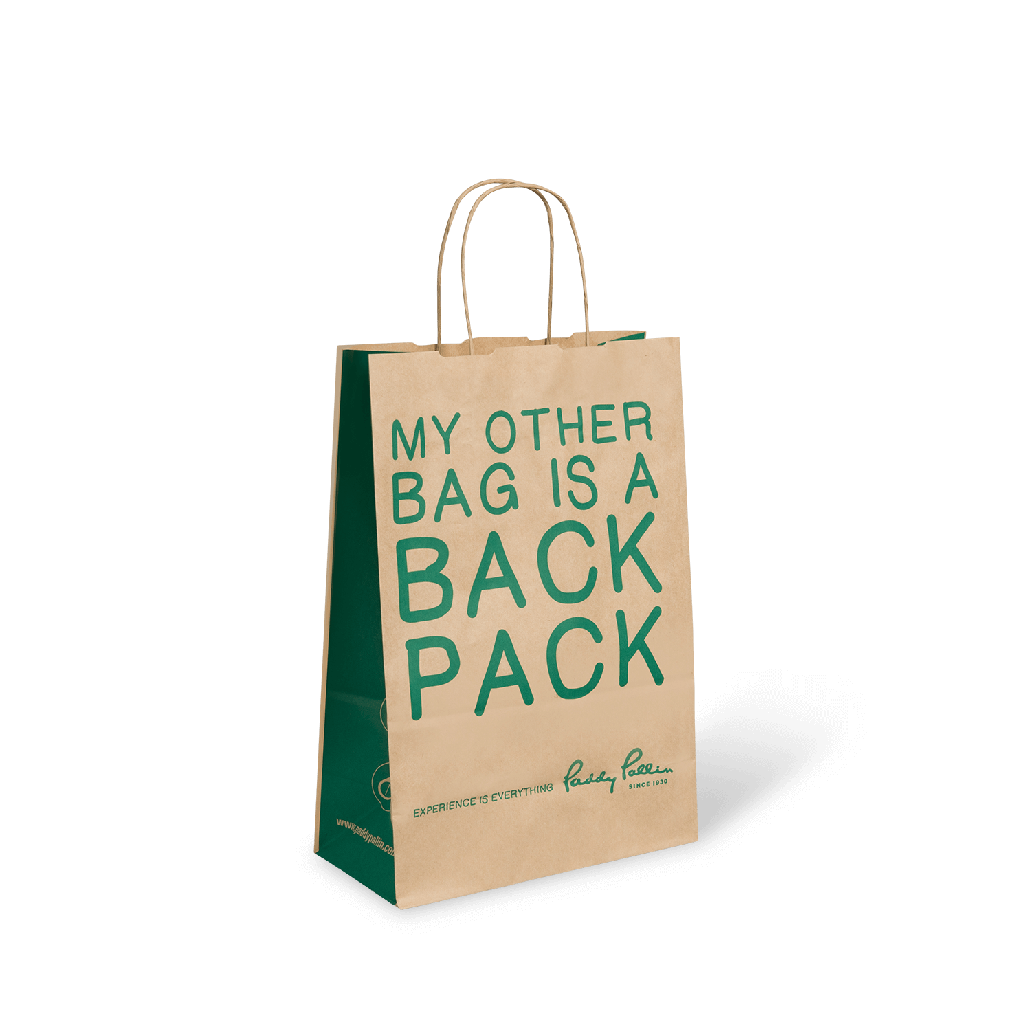 PaperPak Gallery Paddy Polli green print on brown kraft paper twist handle bag